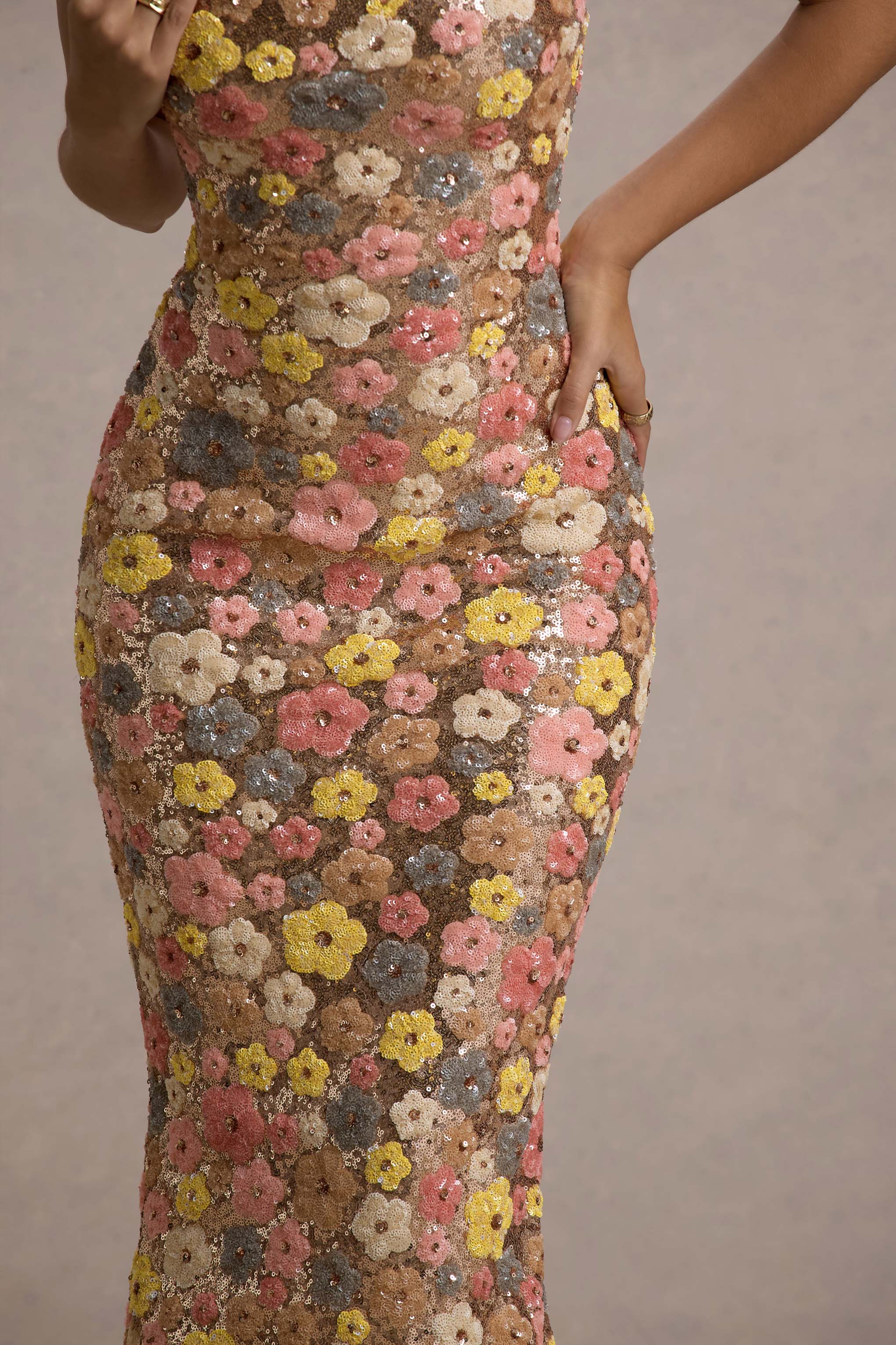Vitora | Floral Print Sequin Square-Neck Maxi Dress