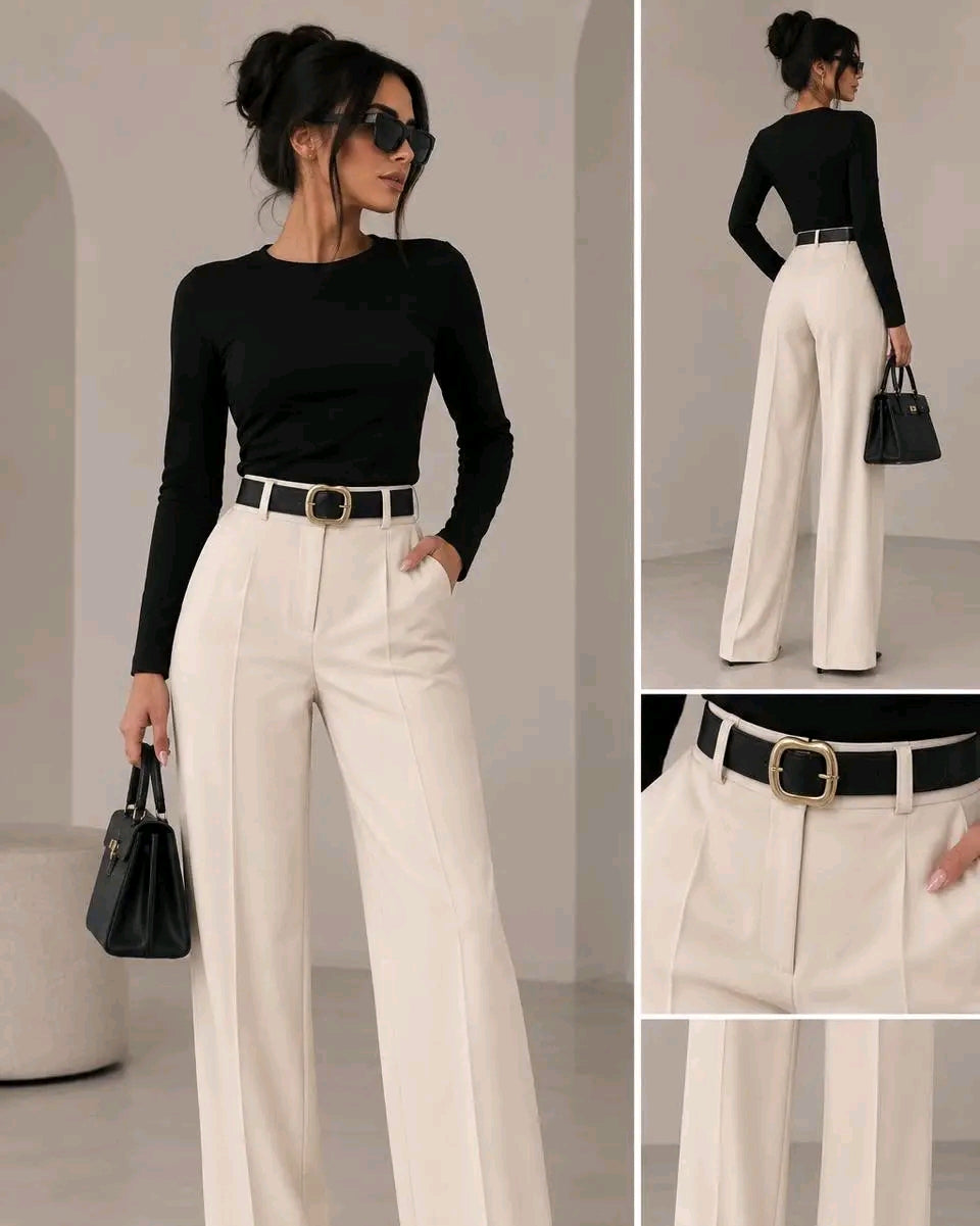 Pantallona Elegante Wide Leg për Femra me Bel të Lartë dhe Rrip | Stil Klasik Modern