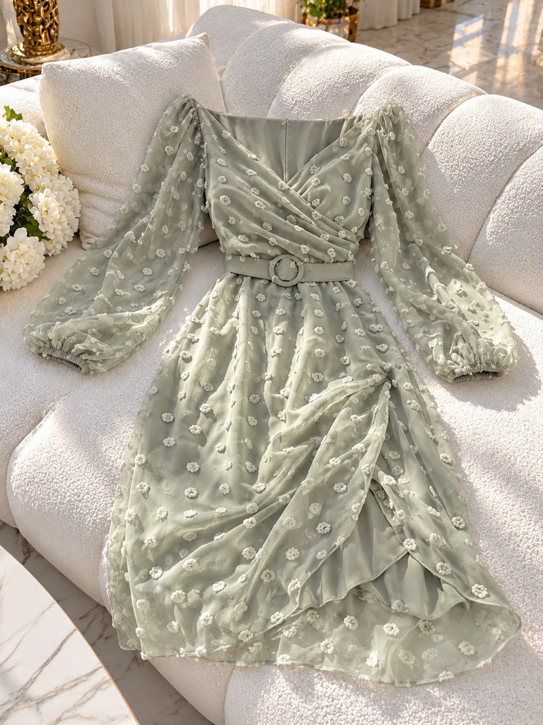 Fustan Elegant Femrash me Dantellë, Detaje 3D dhe Rrip në Bel | Stil Romantik Chic