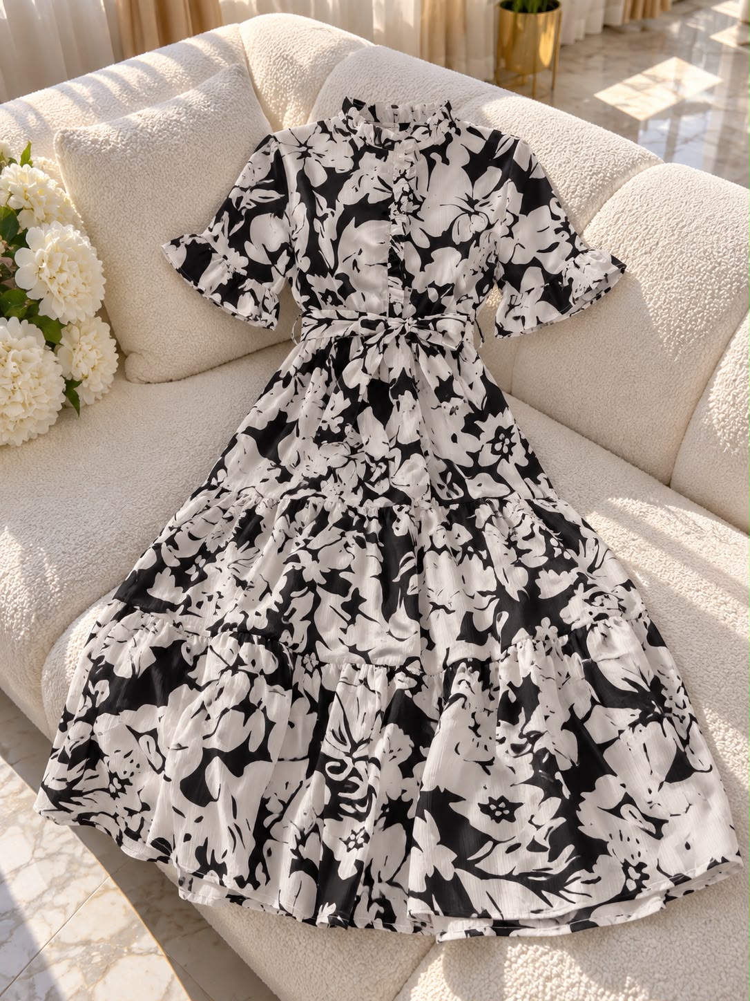 Fustan Elegant Femrash me Dantellë, Detaje 3D dhe Rrip në Bel | Stil Romantik Chic