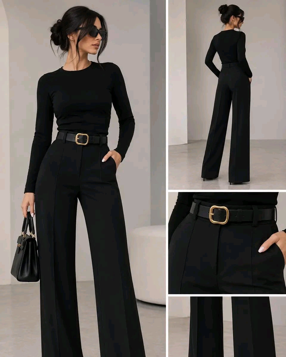 Pantallona Elegante Wide Leg për Femra me Bel të Lartë dhe Rrip | Stil Klasik Modern
