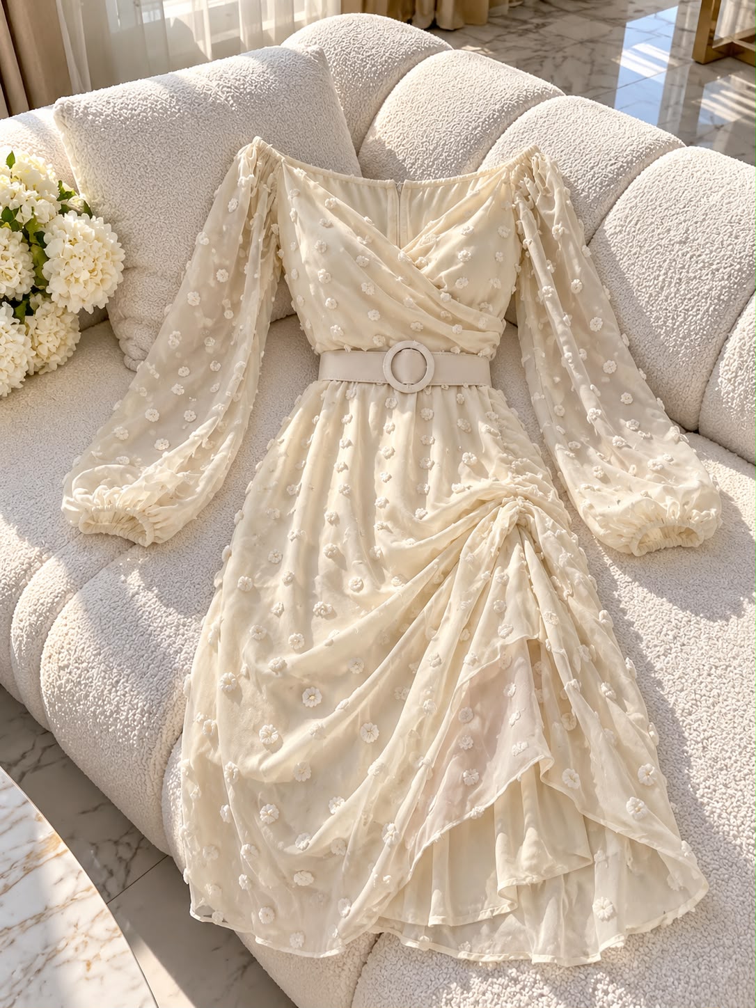 Fustan Elegant Femrash me Dantellë, Detaje 3D dhe Rrip në Bel | Stil Romantik Chic
