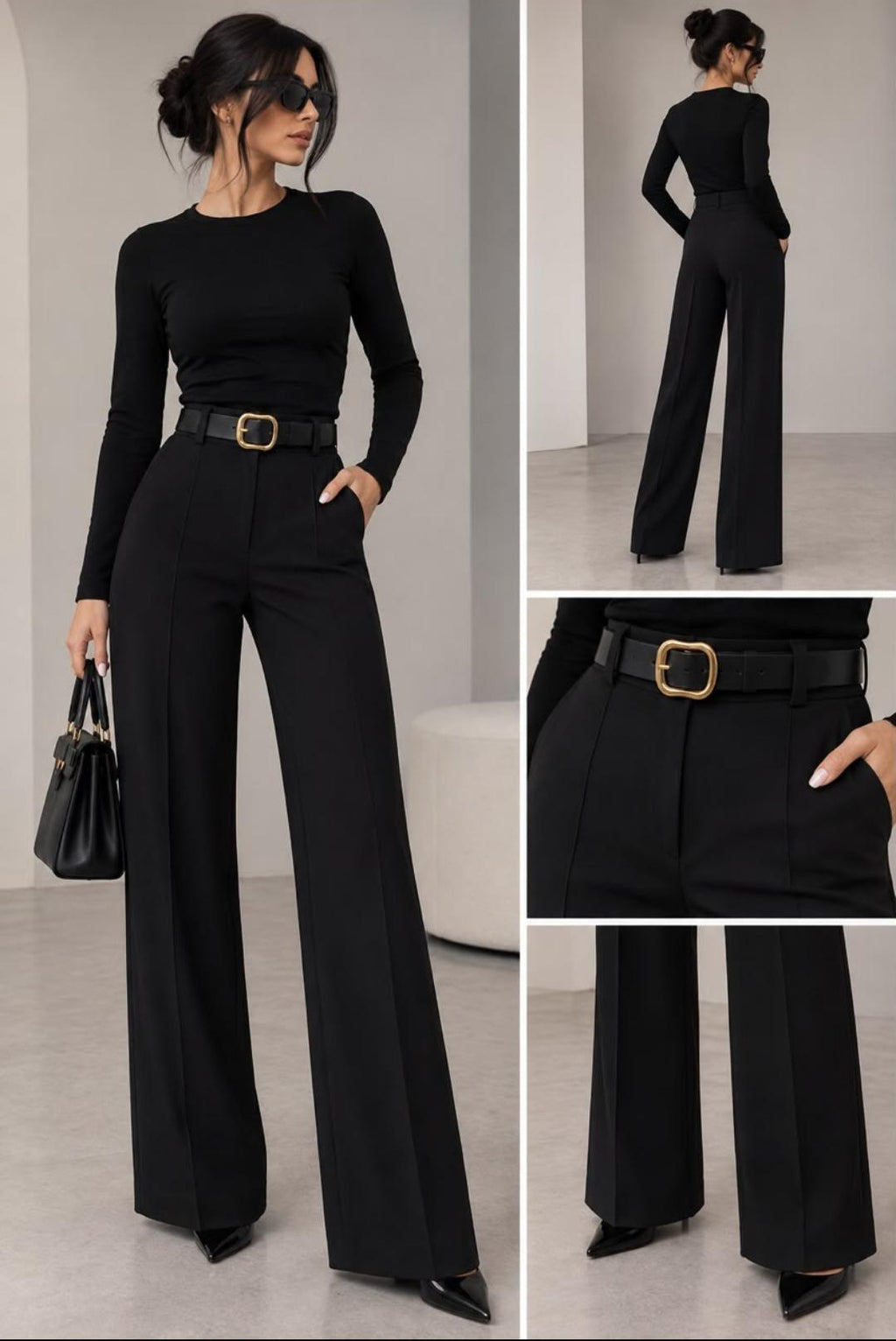 Pantallona Elegante Wide Leg për Femra me Bel të Lartë dhe Rrip | Stil Klasik Modern