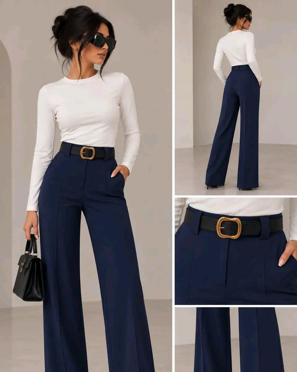 Pantallona Elegante Wide Leg për Femra me Bel të Lartë dhe Rrip | Stil Klasik Modern